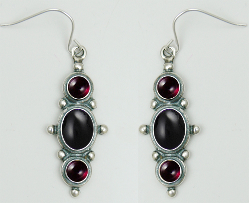 Sterling Silver Drop Dangle Earrings With Black Onyx And Garnet